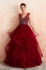 Glamorous Long Ball Gown V-neck Tulle Burgundy Prom Dress-27dress