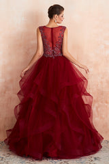 Glamorous Long Ball Gown V-neck Tulle Burgundy Prom Dress-27dress