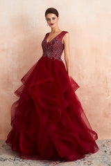 Glamorous Long Ball Gown V-neck Tulle Burgundy Prom Dress-27dress