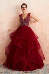 Glamorous Long Ball Gown V-neck Tulle Burgundy Prom Dress-27dress