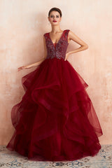 Glamorous Long Ball Gown V-neck Tulle Burgundy Prom Dress-27dress