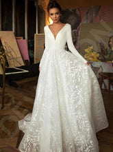 Glamorous Long Sleeve V-Neck Wedding Dress With Lace Appliques-27dress