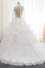 Glamorous Longlseeves Tulle Ruffles Wedding Dresses Jewel A-line White Bridal Gowns With Appliques On Sale-27dress