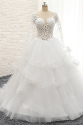 Glamorous Longlseeves Tulle Ruffles Wedding Dresses Jewel A-line White Bridal Gowns With Appliques On Sale-27dress