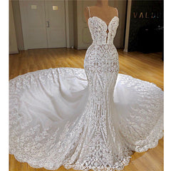 Glamorous Mermaid White Lace Wedding Dresses With Appliques Spaghetti Straps Bridal Gowns Online-27dress