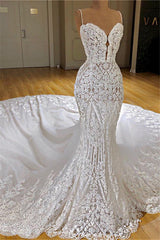 Glamorous Mermaid White Lace Wedding Dresses With Appliques Spaghetti Straps Bridal Gowns Online-27dress