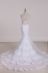 Glamorous Mermaid White Tulle Lace Wedding Dress Straps V-Neck Appliques Beadings Bridal Gowns On Sale-27dress