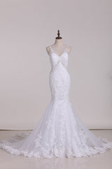 Glamorous Mermaid White Tulle Lace Wedding Dress Straps V-Neck Appliques Beadings Bridal Gowns On Sale-27dress