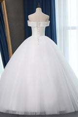 Glamorous Off-the-shoulder A-line Tulle Wedding Dresses White Ruffles Bridal Gowns On Sale-27dress