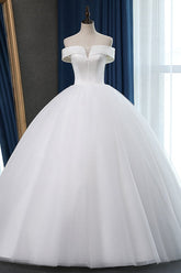 Glamorous Off-the-shoulder A-line Tulle Wedding Dresses White Ruffles Bridal Gowns On Sale-27dress