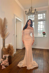 Glamorous Off the Shoulder Long Sleeves Pleated Mermaid Prom Dress With Beadings