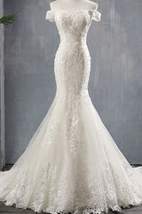Glamorous Off-the-shoulder Mermaid Appliques Wedding Dresses Lace Tulle White Bridal Gowns On Sale-27dress