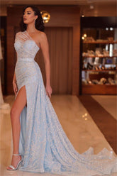 Glamorous One Shoulder Sleeveless Pleated Split Long Prom Dress With Beadings