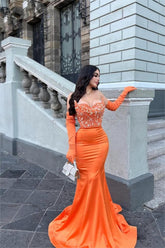 Glamorous Orange Stain Strapless Mermaid Beaded Long Prom Dress With Gloves