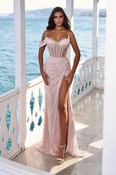 Glamorous Pink One Shoulder Mermaid Prom Dress Split With Sequins
