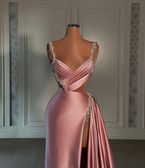 Glamorous Pink Prom Dress Spaghetti Strap With High Slit Trail