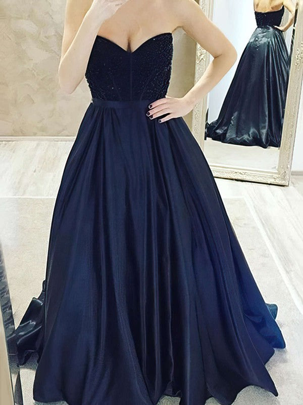 Luxury V Neck Sleeveless Fitted Satin Appliques Sweep Train Prom Dress