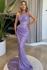 Glamorous Purlpe Sequins One Shoulder Sleeveless Long Mermaid Prom Dress