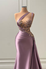 Glamorous Purple One Shoulder Sleeveless Long Mermaid Prom Dress with Appliques