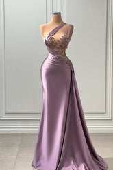 Glamorous Purple One Shoulder Sleeveless Long Mermaid Prom Dress with Appliques