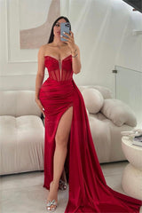 Glamorous Red Strapless Sleeveless Pleated Long Split Prom Dress With Sequins