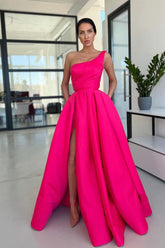 Glamorous Rose Pink One Shoulder Sleeveless Ball Gown Long Prom Dress with Split