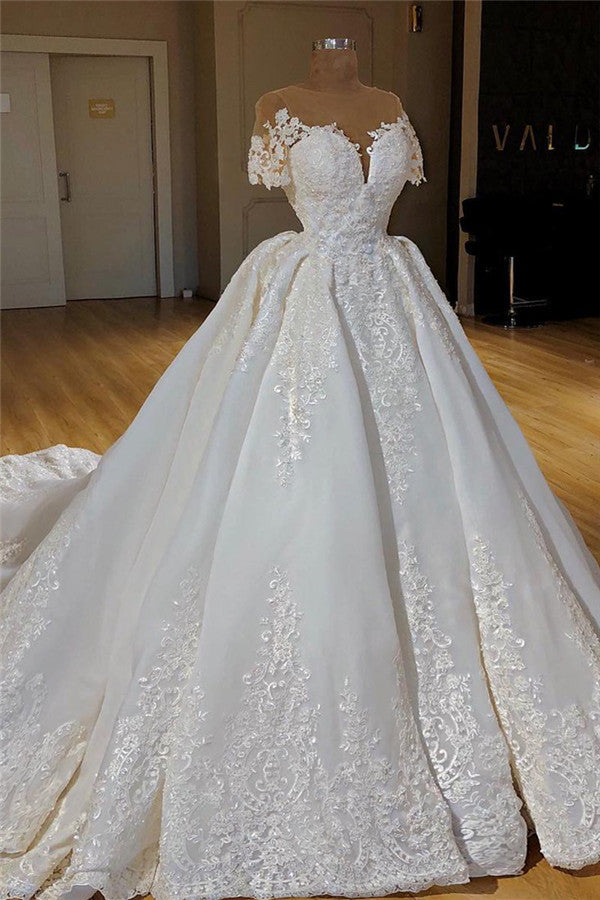 Glamorous Shortsleeves Jewel White Wedding Dresses With Appliques A-line Lace Bridal Gowns On Sale-27dress