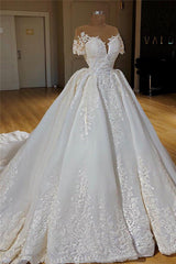 Glamorous Shortsleeves Jewel White Wedding Dresses With Appliques A-line Lace Bridal Gowns On Sale-27dress