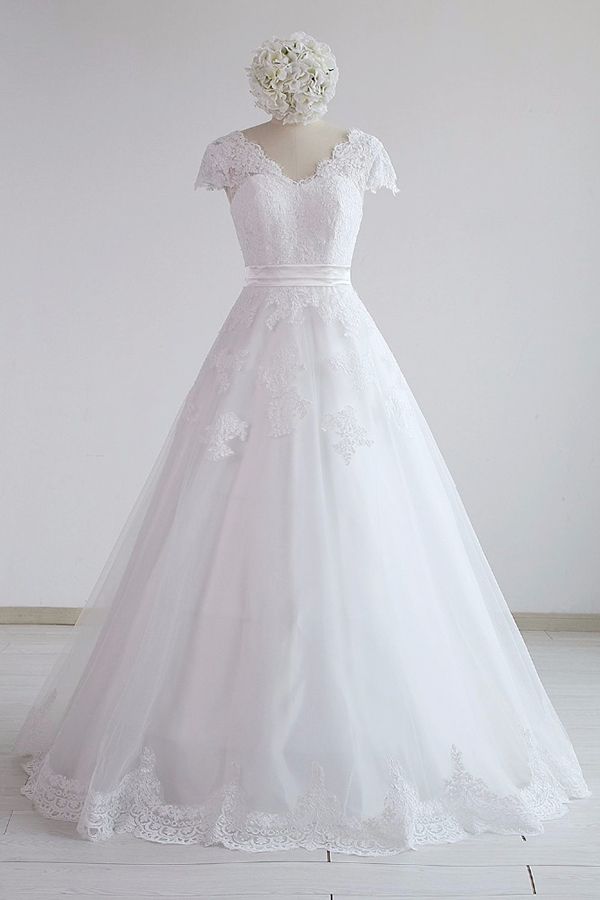 Glamorous Shortsleeves V-neck Lace Wedding Dresses White A-line Tulle Bridal Gowns With Appliques On Sale-27dress