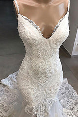 Glamorous Spaghetti Straps Ivory Mermaid Wedding Dresses With Appliques Sleeveless Lace Bridal Gowns On Sale-27dress
