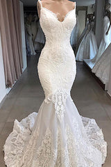 Glamorous Spaghetti Straps Ivory Mermaid Wedding Dresses With Appliques Sleeveless Lace Bridal Gowns On Sale-27dress