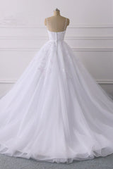 Glamorous Spaghetti Straps V-Neck Tulle Wedding Dress Ball Gown Ruffles Appliques Bridal Gowns Online-27dress