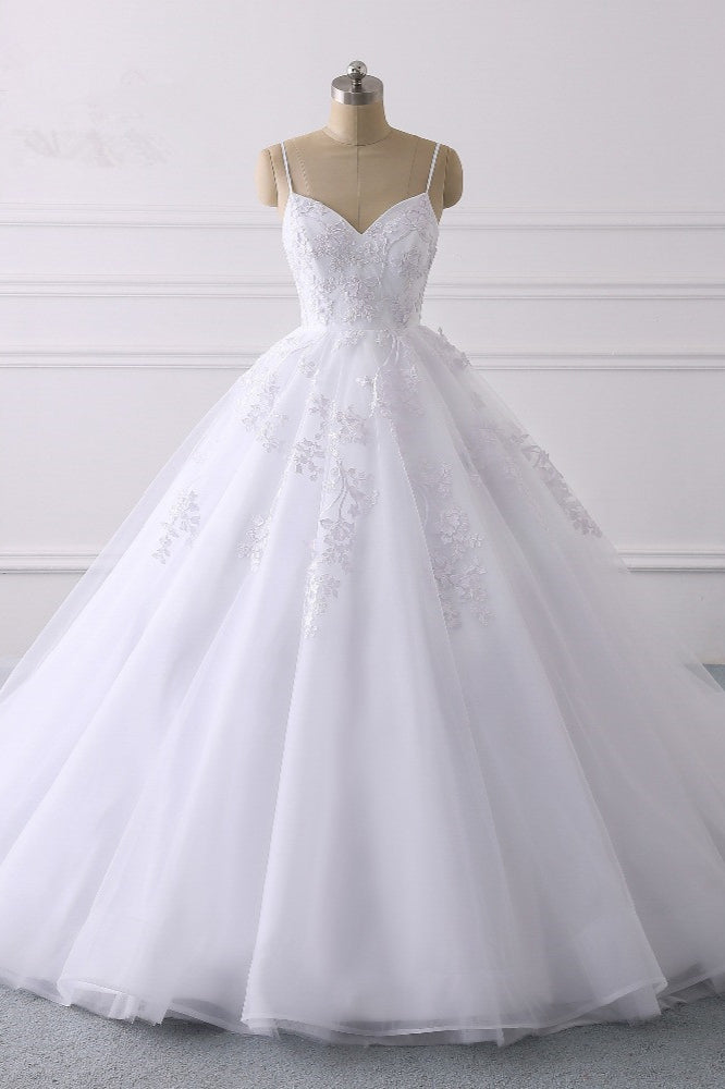 Glamorous Spaghetti Straps V-Neck Tulle Wedding Dress Ball Gown Ruffles Appliques Bridal Gowns Online-27dress