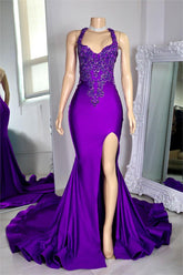 Glamorous Stain Halter Sleeveless Mermaid Long Split Prom Dress With Beading
