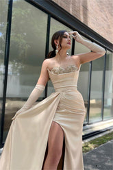 Glamorous Stain Strapless Pleated Long Split Beaded Prom Dress With Long Gloves