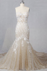 Glamorous Straplees Sweetheart Mermaid Wedding Dress Pink Sequined Appliques Sleeveless Bridal Gowns On Sale-27dress