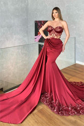 Glamorous Strapless Sleeveless Long Pleated Mermaid Prom Dress With Embroidery
