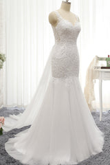 Glamorous Strapless Sweetheart Lace Mermaid Wedding Dress White Tulle Appliques Bridal Gowns Online-27dress