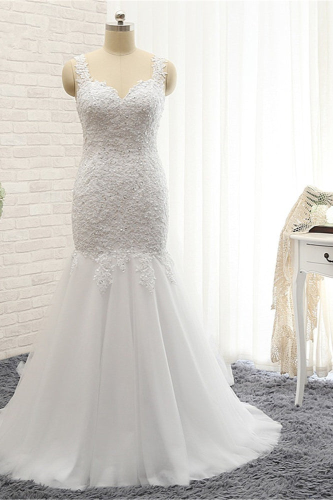 Glamorous Strapless Sweetheart Lace Mermaid Wedding Dress White Tulle Appliques Bridal Gowns Online-27dress