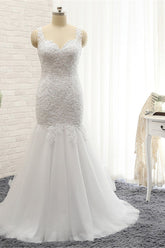 Glamorous Strapless Sweetheart Lace Mermaid Wedding Dress White Tulle Appliques Bridal Gowns Online-27dress