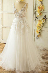 Glamorous Straps Appliques A-line Wedding Dresses White Tulle Bridal Gowns On Sale-27dress