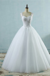 Glamorous Straps Sweetheart White Wedding Dress Sleeveless Appliques Beadings Bridal Gowns-27dress