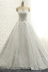 Glamorous Sweetheart A-line Tulle Wedding Dresses With Appliques White Ruffles Lace Bridal Gowns Online-27dress