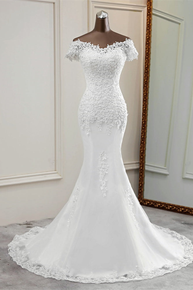 Glamorous Sweetheart Lace Beading Wedding Dresses Short Sleeves Appliques Mermaid Bridal Gowns-27dress
