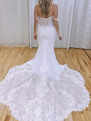 Glamorous Trumpet/Mermaid Off-the-shoulder Tulle Sweep Train Wedding Dress With Appliques Lace