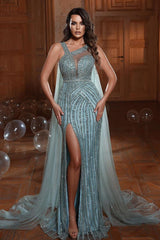 Glamorous Tulle Sequins Sleeveless Beadings Long Prom Dress With Front Split