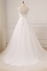 Glamorous Tulle Sleeveless Jewel Wedding Dress White A-line Appliques Bridal Gowns On Sale-27dress