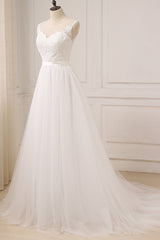 Glamorous Tulle Sleeveless Jewel Wedding Dress White A-line Appliques Bridal Gowns On Sale-27dress