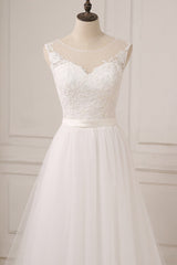 Glamorous Tulle Sleeveless Jewel Wedding Dress White A-line Appliques Bridal Gowns On Sale-27dress