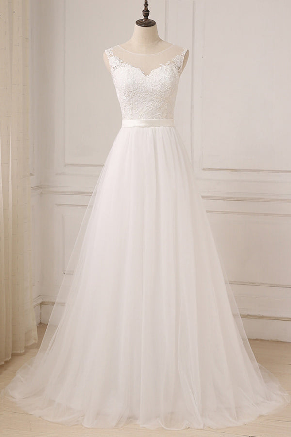 Glamorous Tulle Sleeveless Jewel Wedding Dress White A-line Appliques Bridal Gowns On Sale-27dress